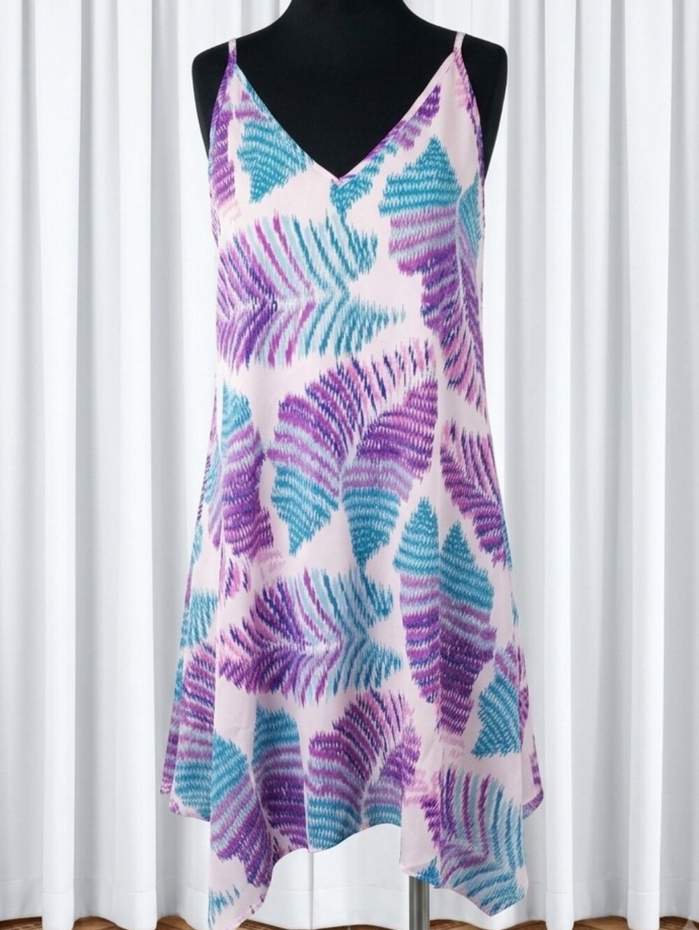 Rory Beca 100% Silk Pink Slip Dress with Purple & Teal Leaf Print